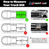 Silverado Sierra truck bed measurement guide for MOSTPLUS tonneau cover showing 6.5FT (78") compatibility with the new body style Chevy Silverado.